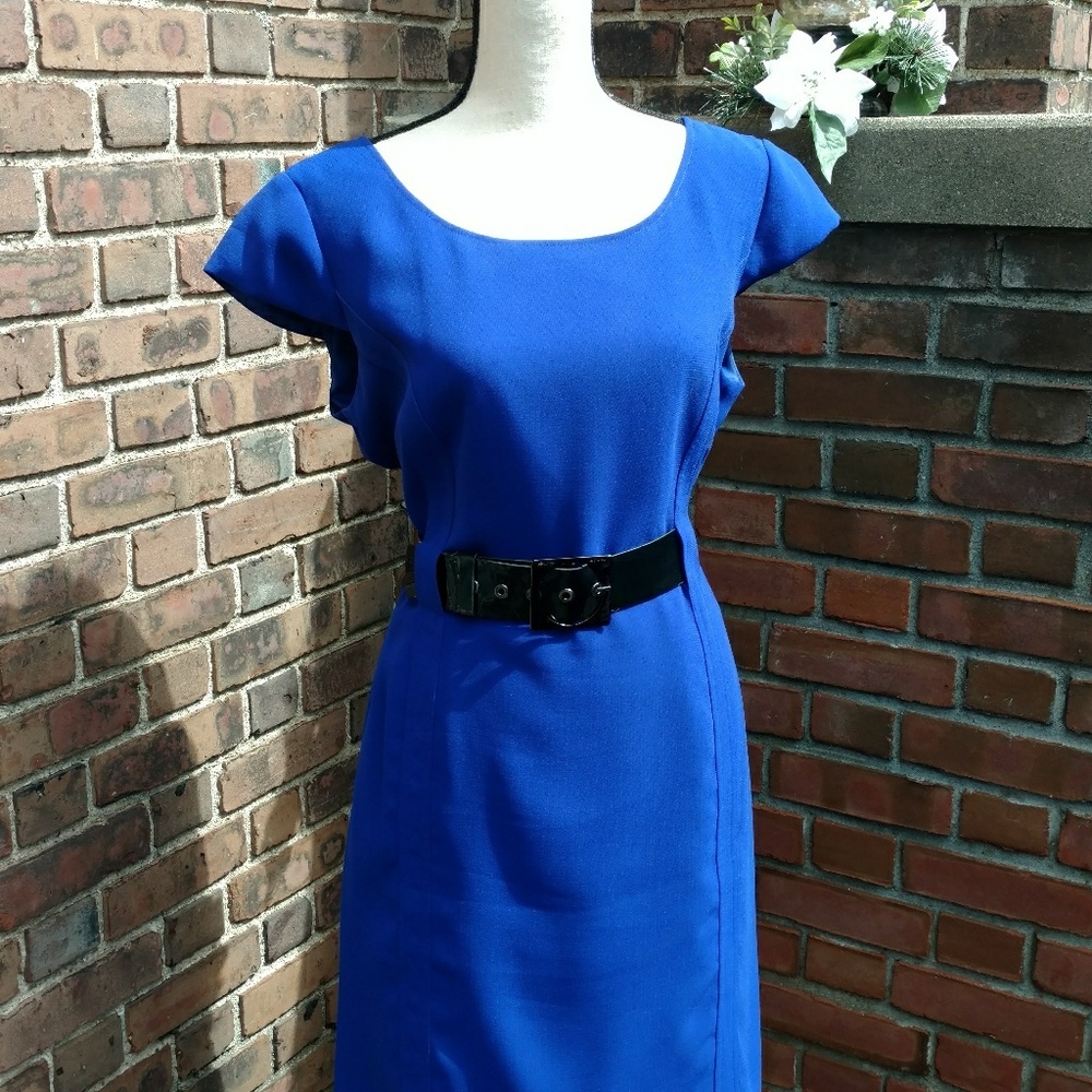 Tahari blue belted dress